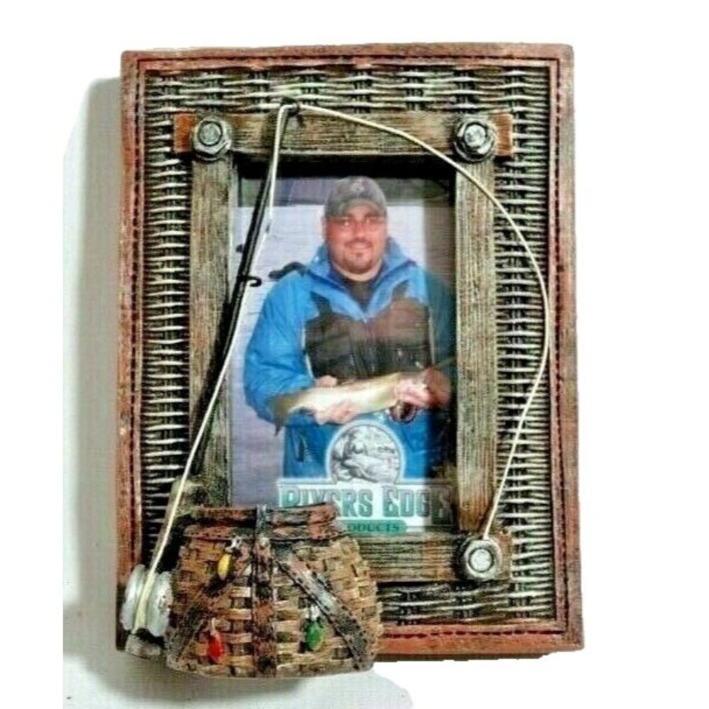 River's Edge Fly Fishing Picture Frame 3-D Rod Reel Creel 2" X 3" Stoneware NEW